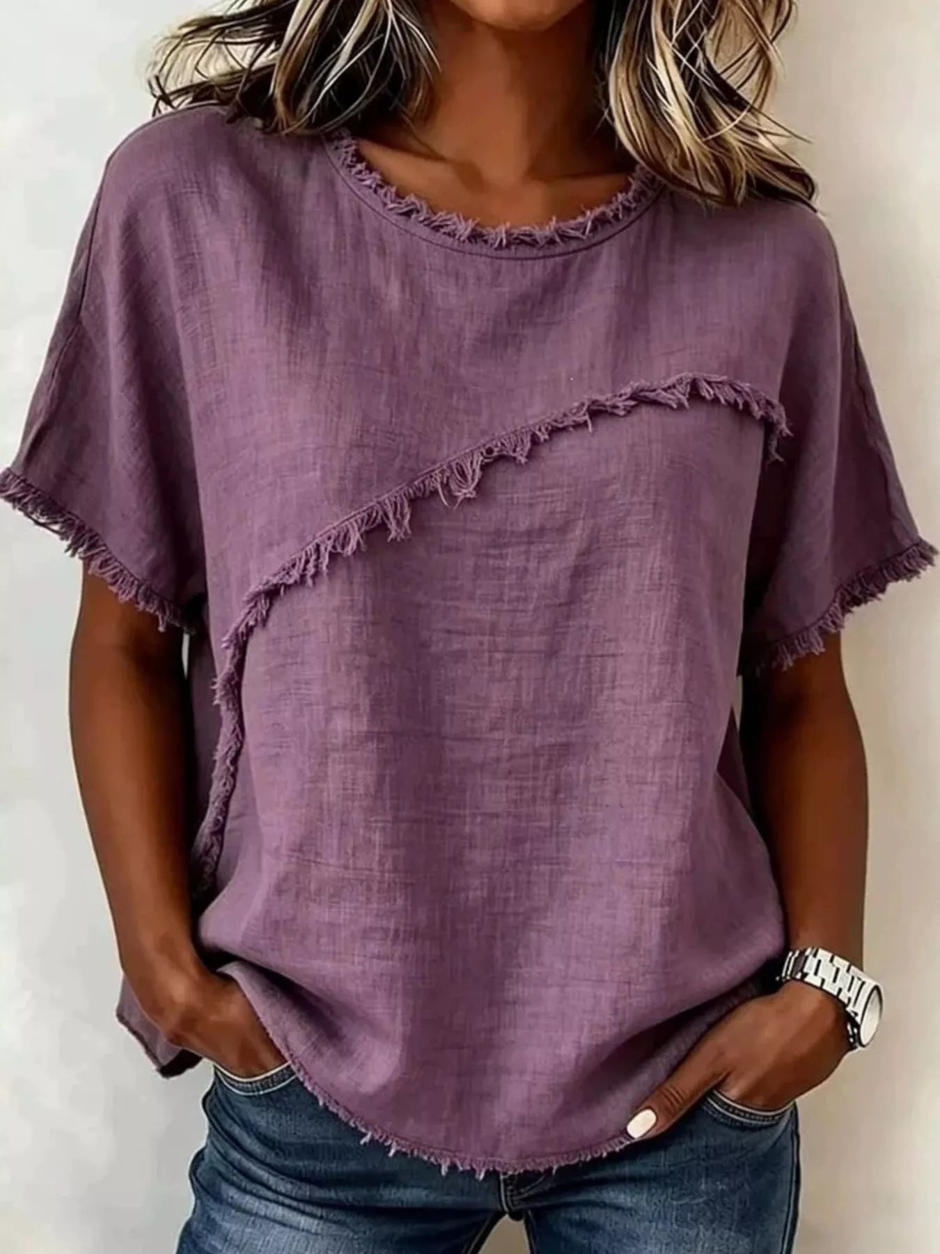 Big, Slouchy Frayed Hem Short Sleeve Top Plus Size