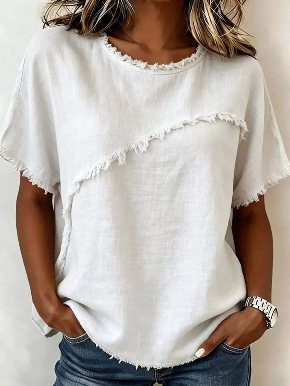 Big, Slouchy Frayed Hem Short Sleeve Top Plus Size