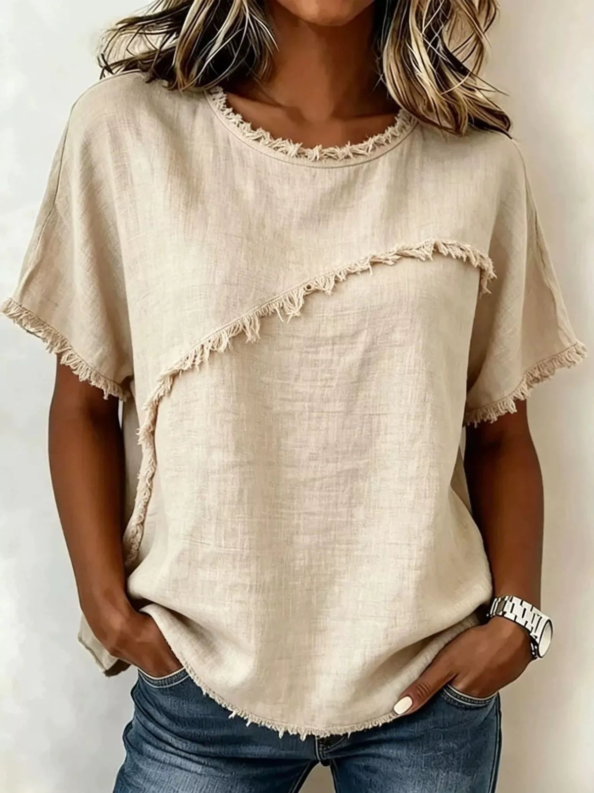 Big, Slouchy Frayed Hem Short Sleeve Top Plus Size