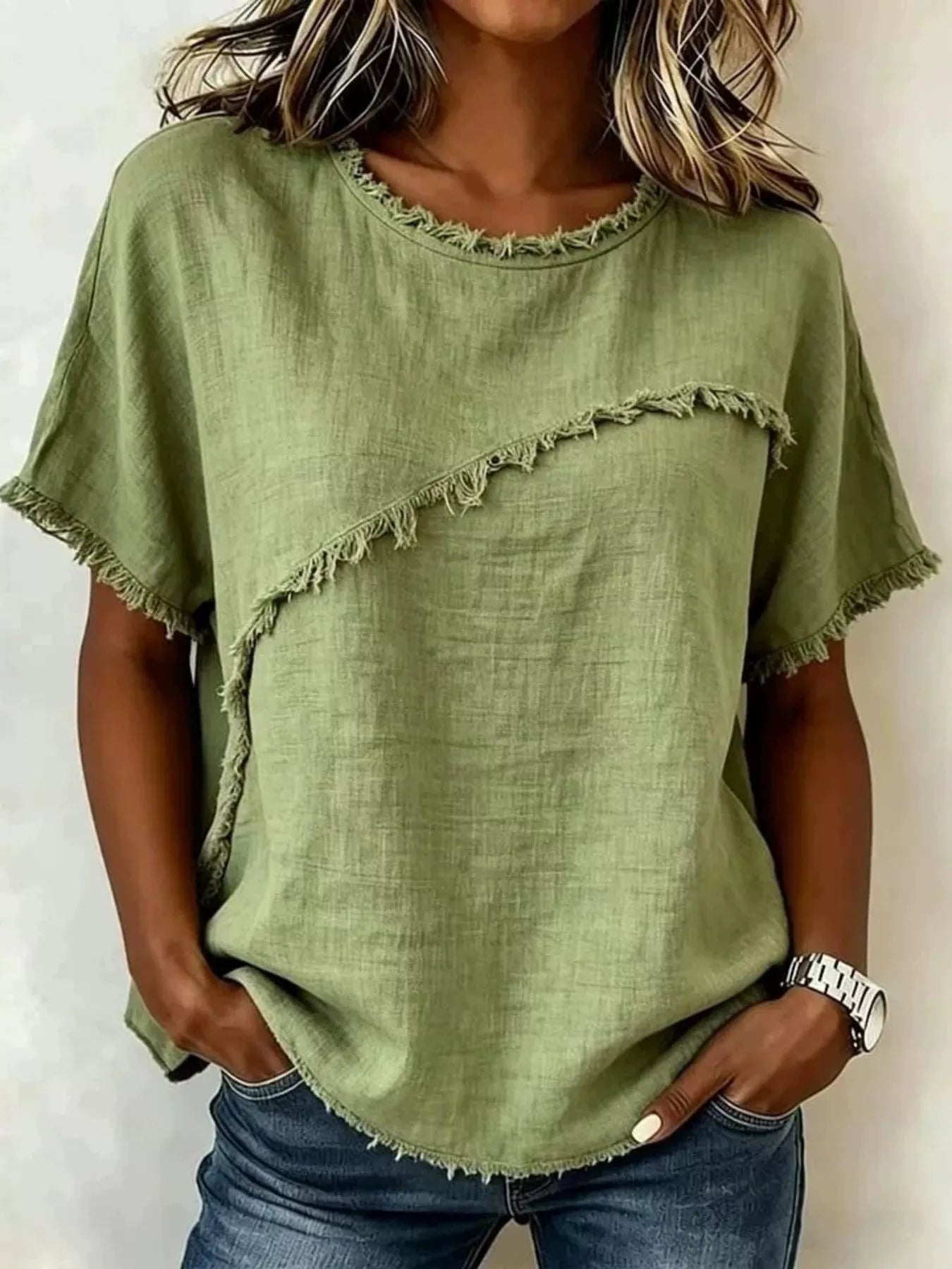 Big, Slouchy Frayed Hem Short Sleeve Top Plus Size