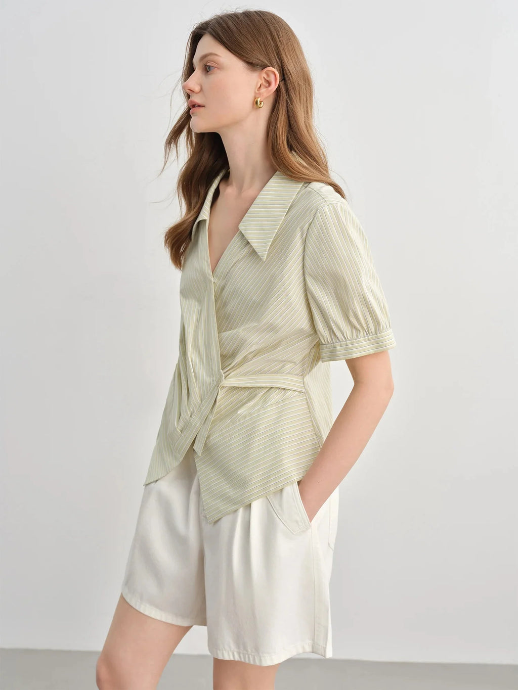 Striped Wrap Shirt V-Neck Summer Office Blouse