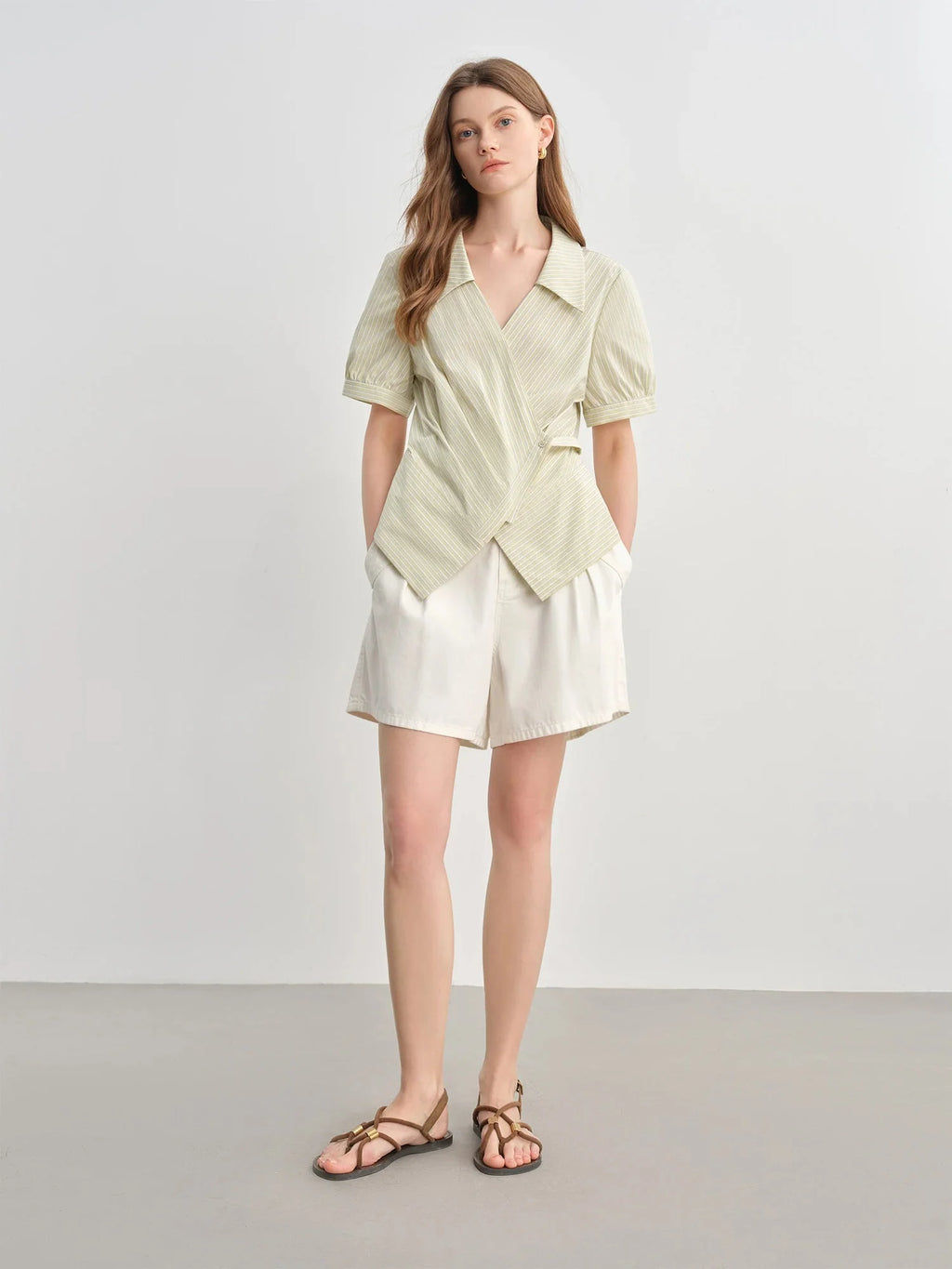 Striped Wrap Shirt V-Neck Summer Office Blouse