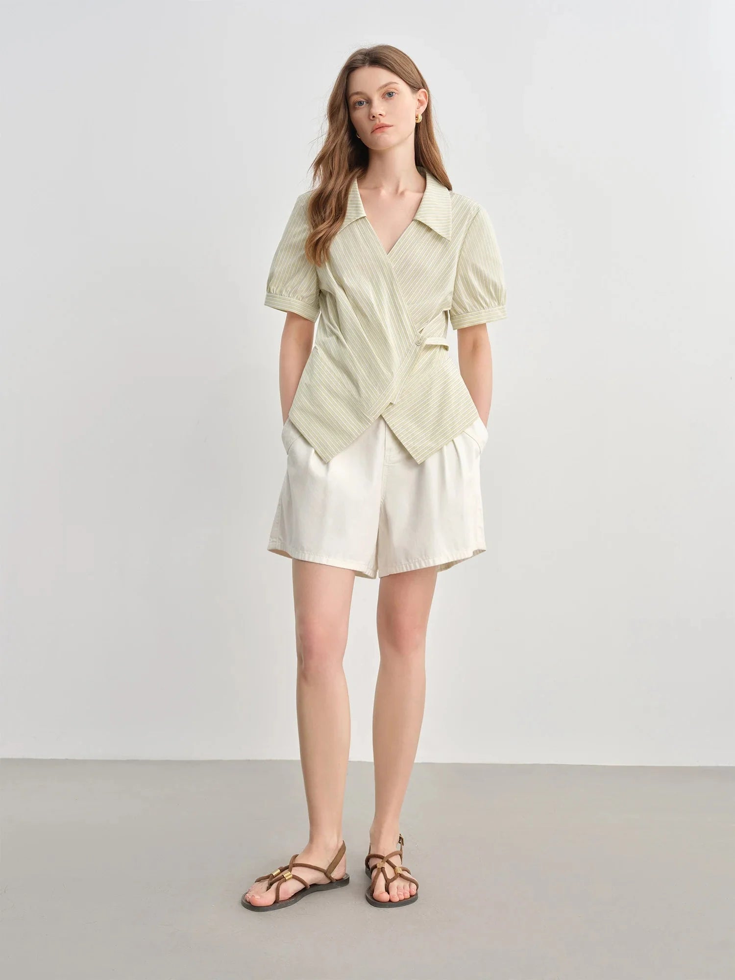 Striped Wrap Shirt V-Neck Summer Office Blouse