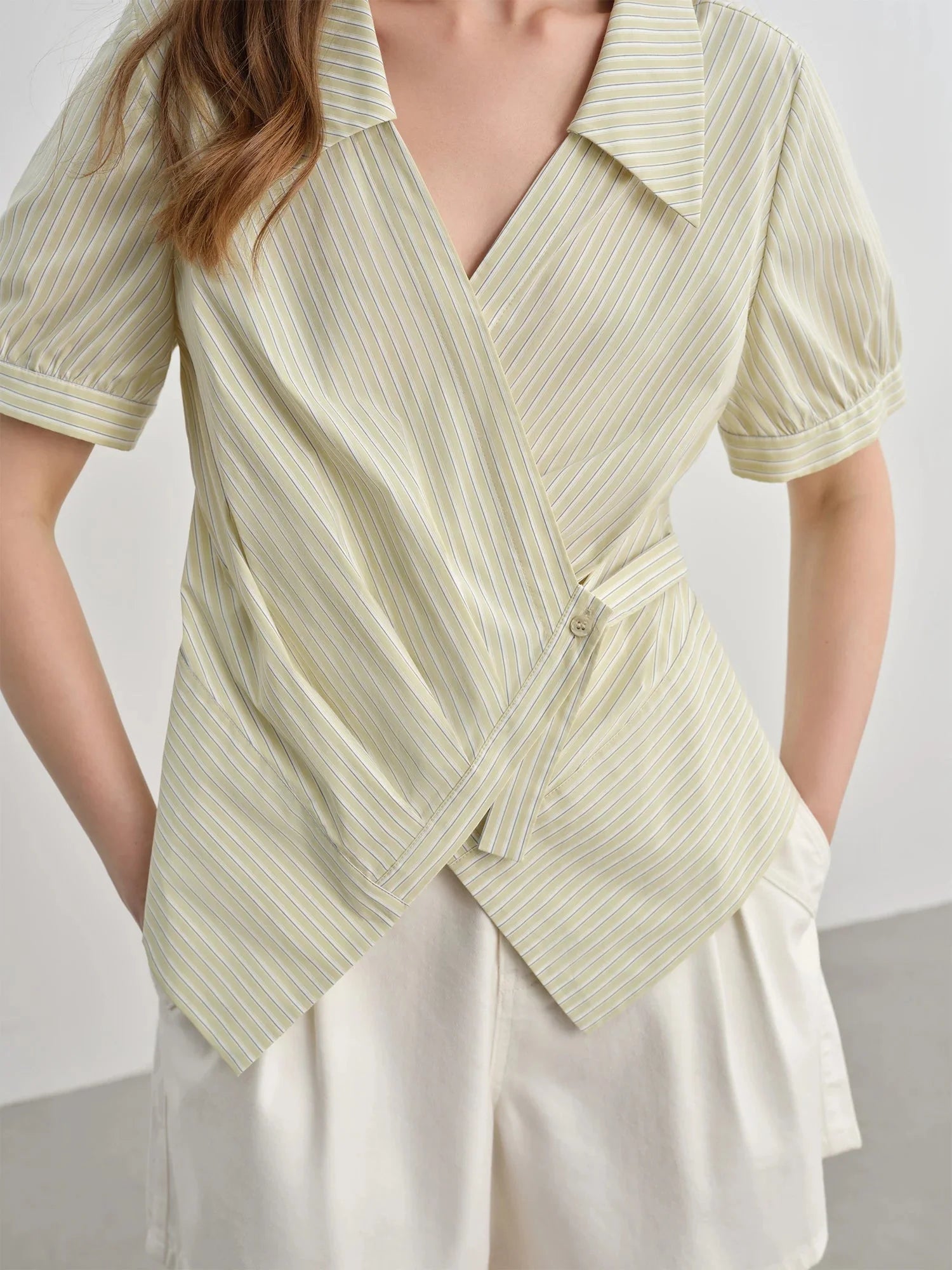 Striped Wrap Shirt V-Neck Summer Office Blouse