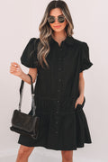 Cassidy Button Down Puff Sleeve Ruffle Hem Dress