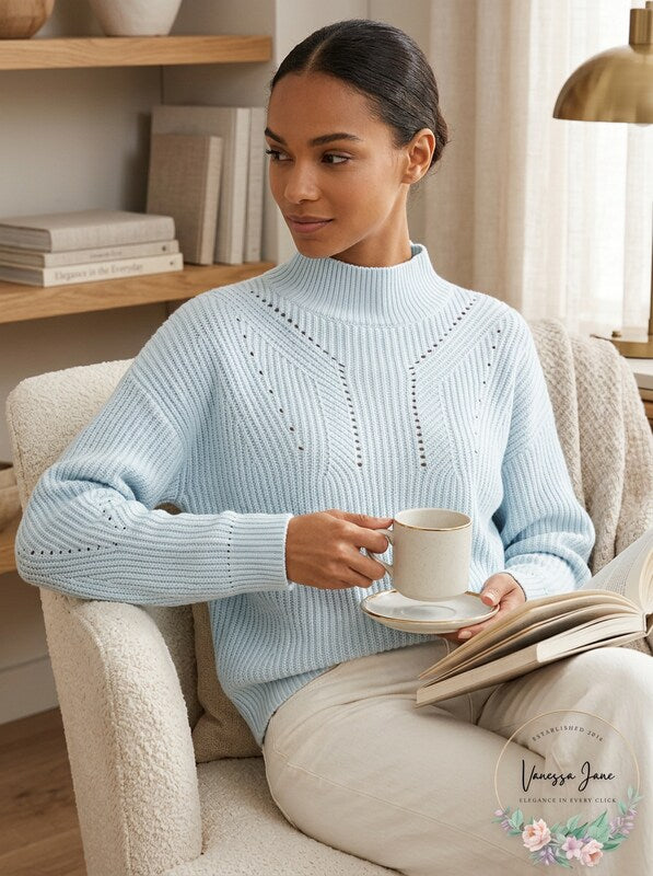 Aqua Cashmere Novelty Stitch Cashmere Mock Neck Sweater